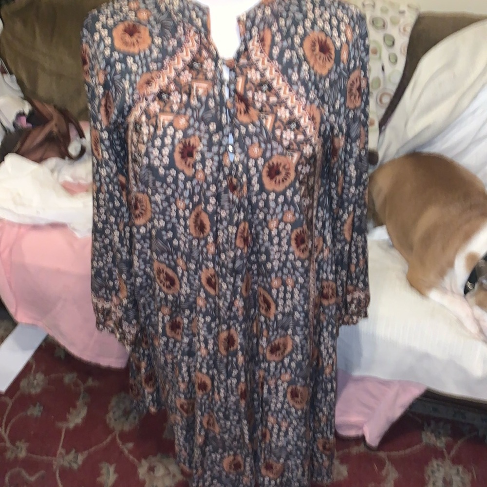 Natalie Martin Floral Long Sleeve Dress in Dark Blue and Copper